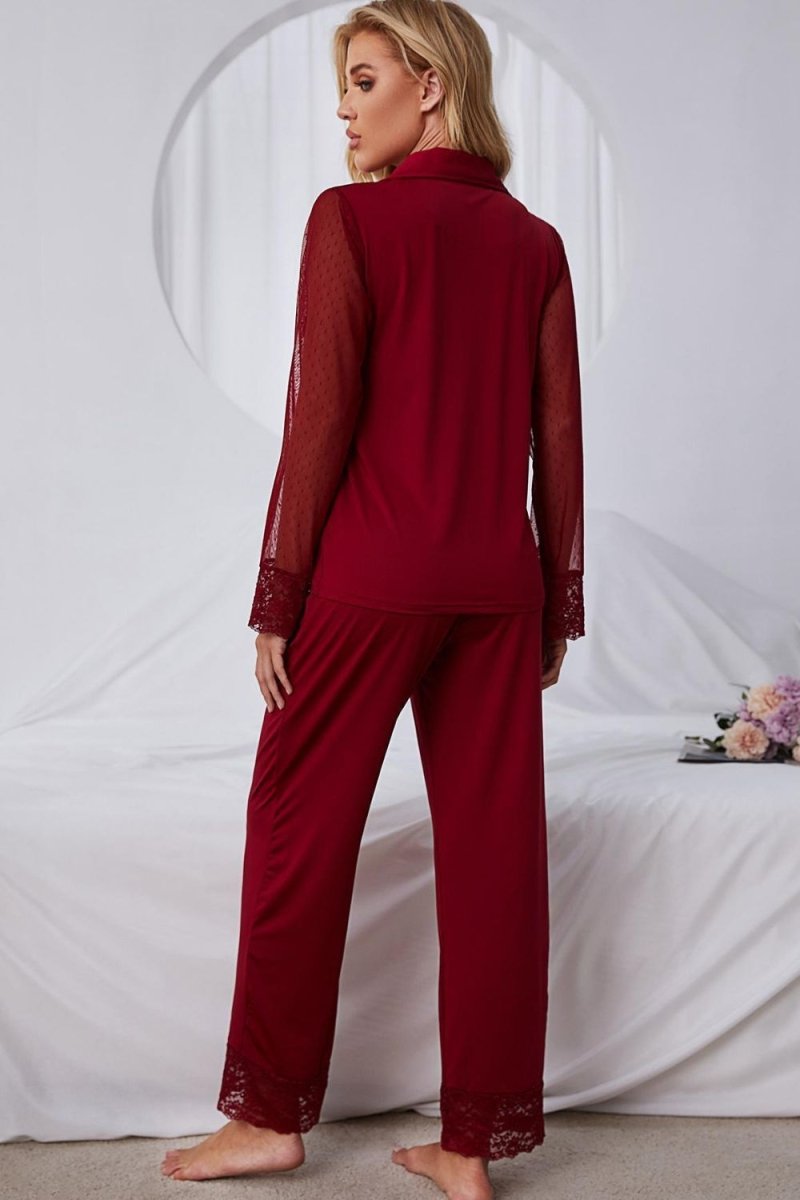 Spliced Lace Lapel Collar Pajama Set - Q.B.Accessories