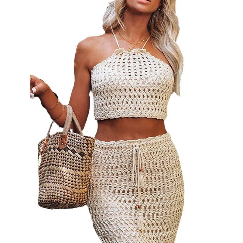 Boho Knit Halter Bikini Set Crochet Summer Swimwear - Q.B.Accessories