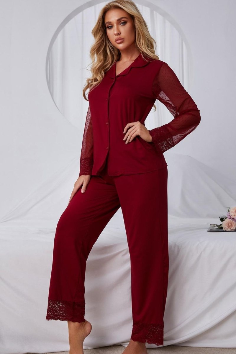Spliced Lace Lapel Collar Pajama Set - Q.B.Accessories