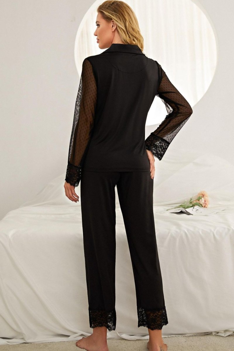 Spliced Lace Lapel Collar Pajama Set - Q.B.Accessories
