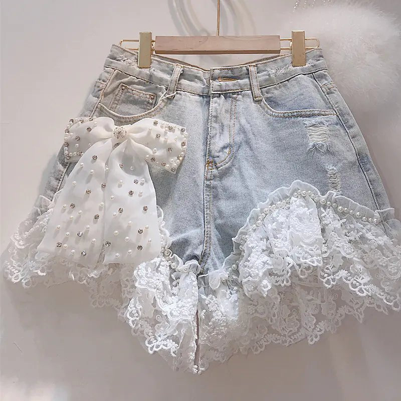 High - Waisted Diamond Korean Jeans Shorts - Q.B.Accessories