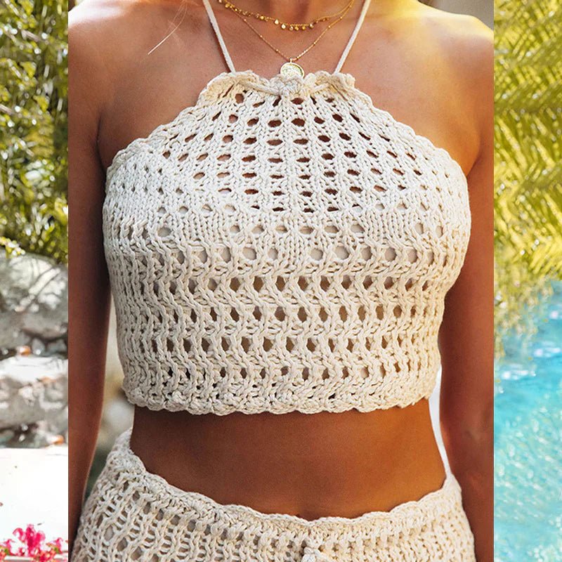 Boho Knit Halter Bikini Set Crochet Summer Swimwear - Q.B.Accessories