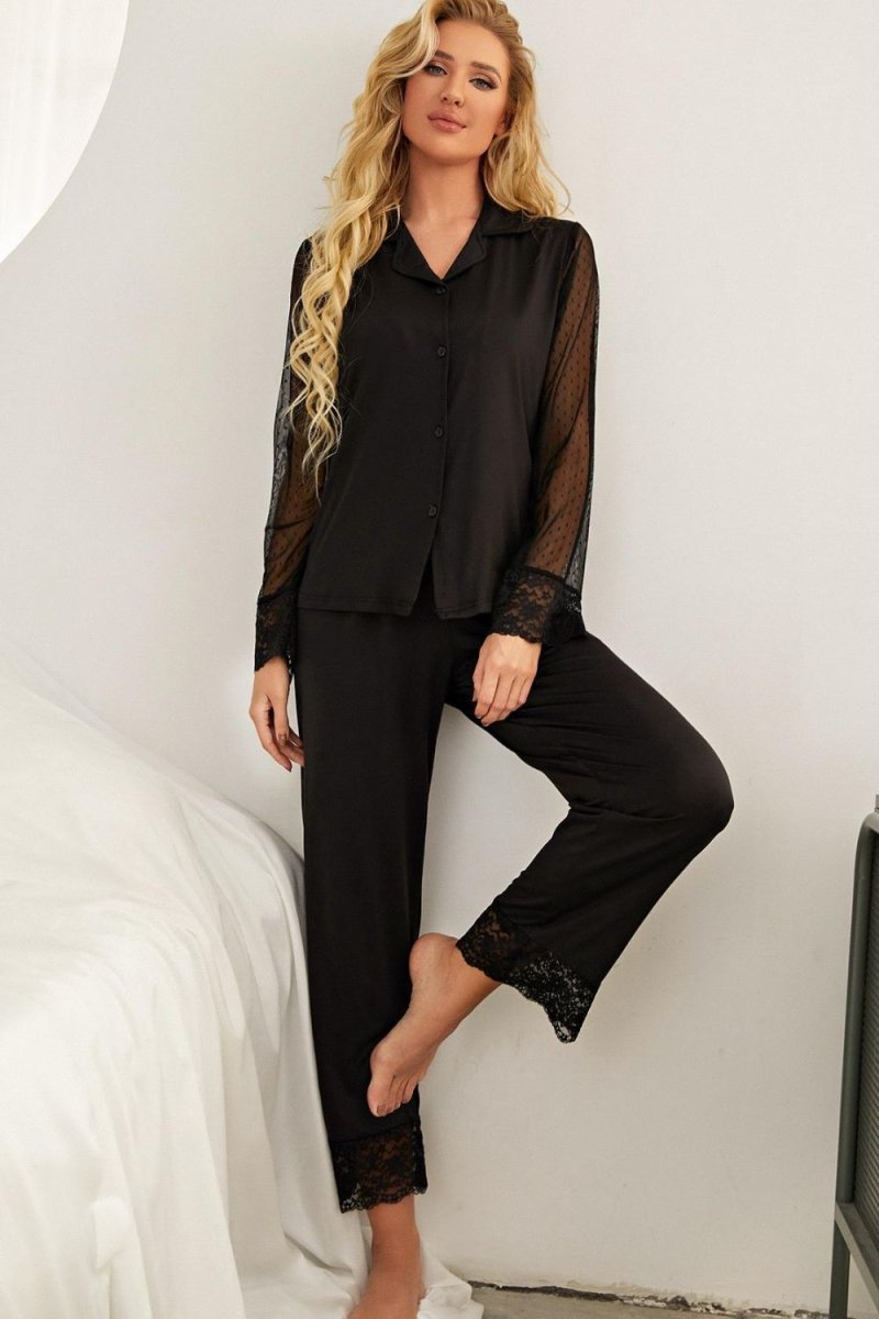 Spliced Lace Lapel Collar Pajama Set - Q.B.Accessories
