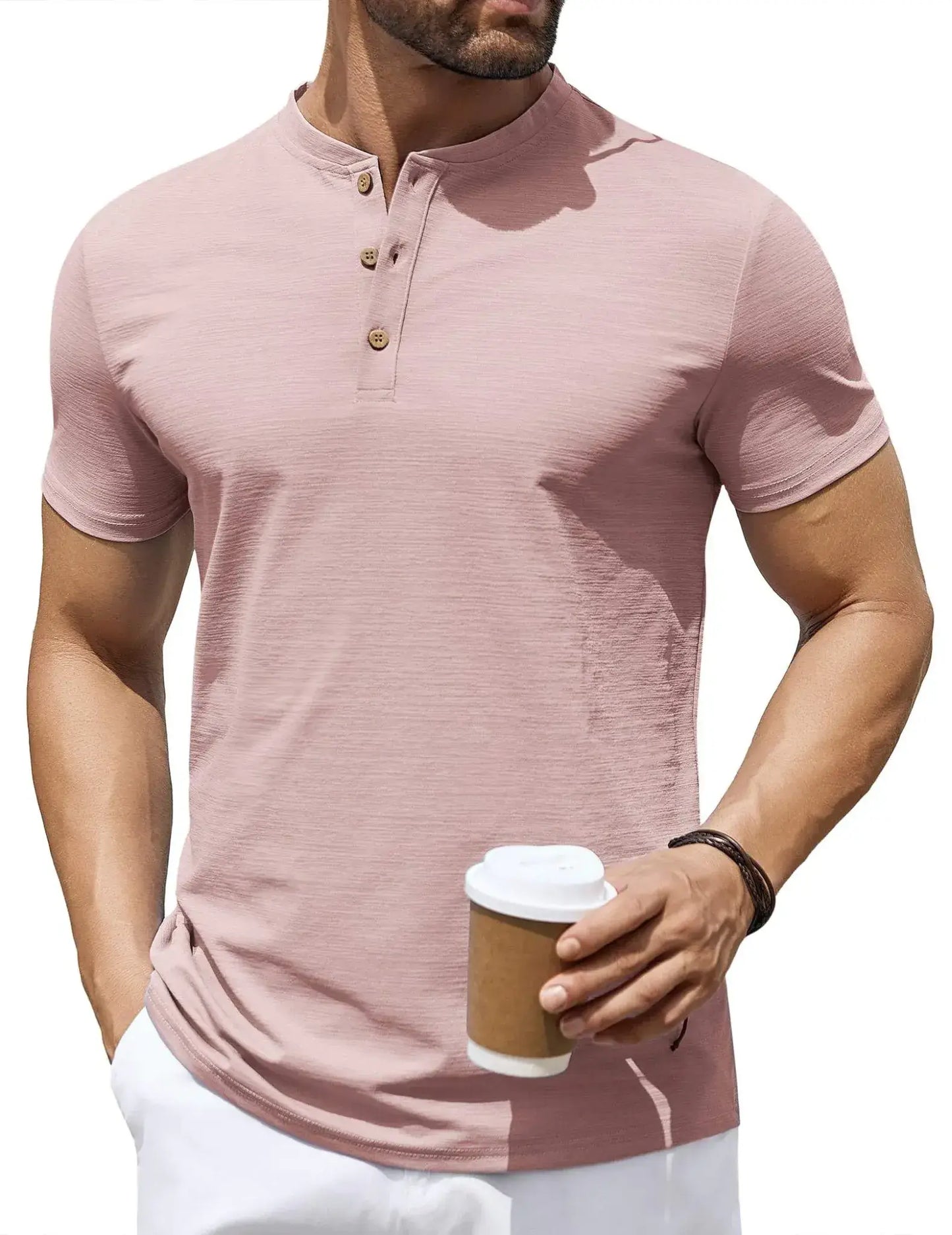 COOFANDY Mens Stretch T Shirts Short Sleeve Casual Henley Shirts Novelty Button Down Shirts Pink - Q.B.Accessories