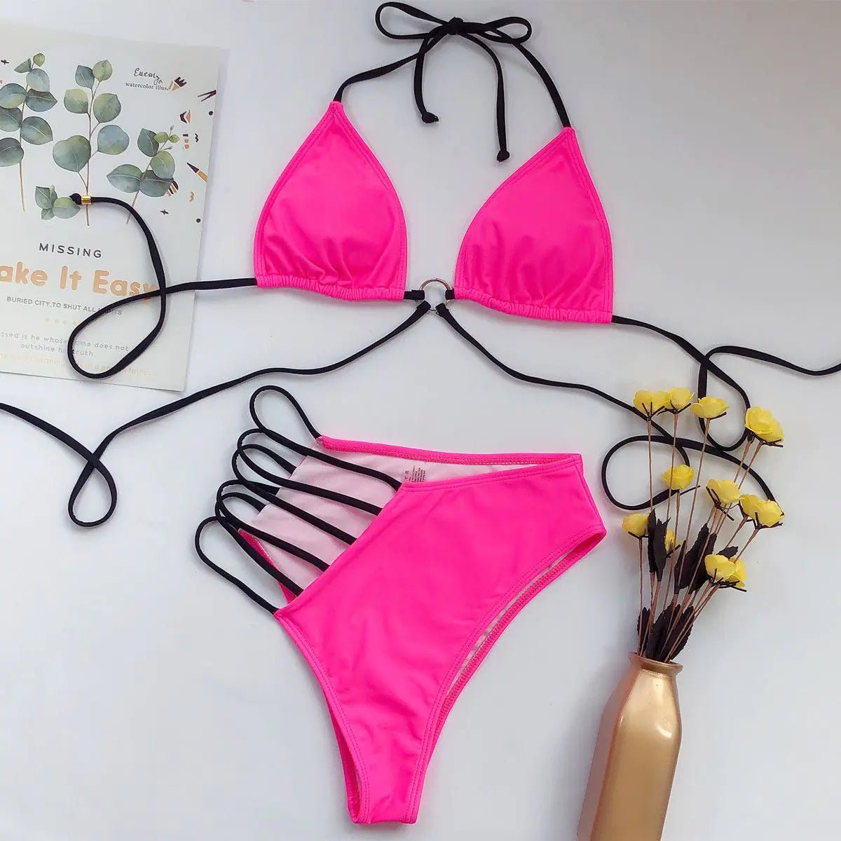 "Hot Pink Strappy Triangle Bikini Set - Summer Beachwear" - Q.B.Accessories