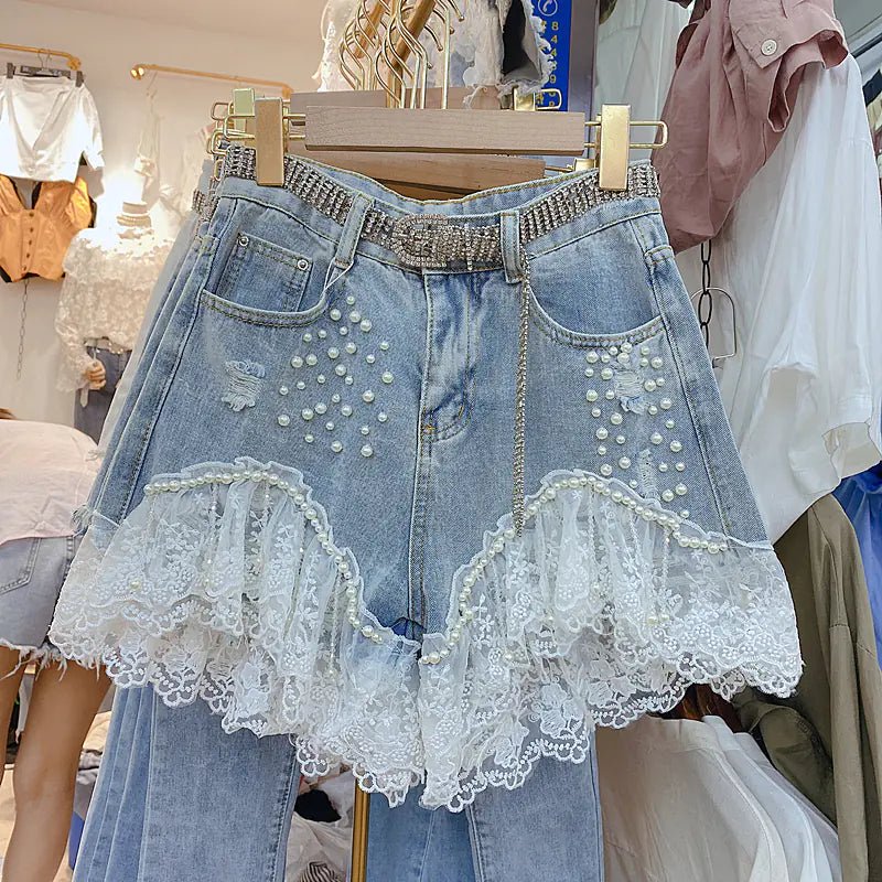 High - Waisted Diamond Korean Jeans Shorts - Q.B.Accessories