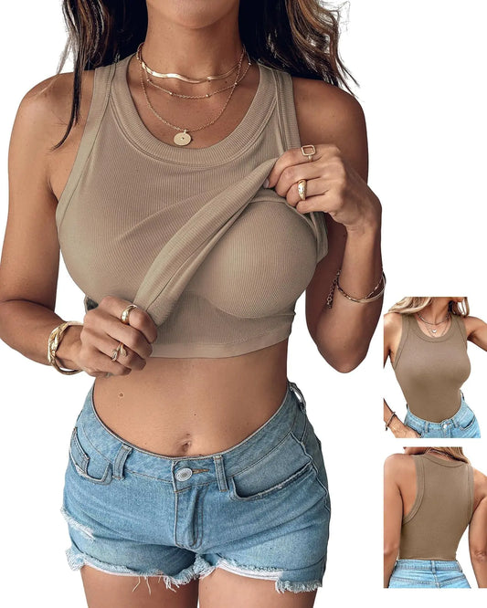 ChicME Ribbed Athletic Tank Tops with Bra - Khaki - Q.B.Accessories