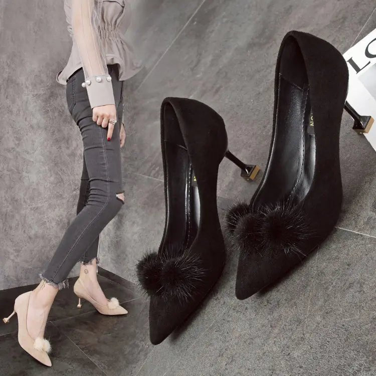 Elegant Suede Pointed Toe High Heels with Kitten Heel - Q.B.Accessories