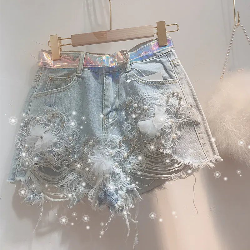 High - Waisted Diamond Korean Jeans Shorts - Q.B.Accessories