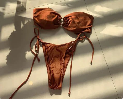 Satin Bronze Tie - Up Bikini Set - Q.B.Accessories