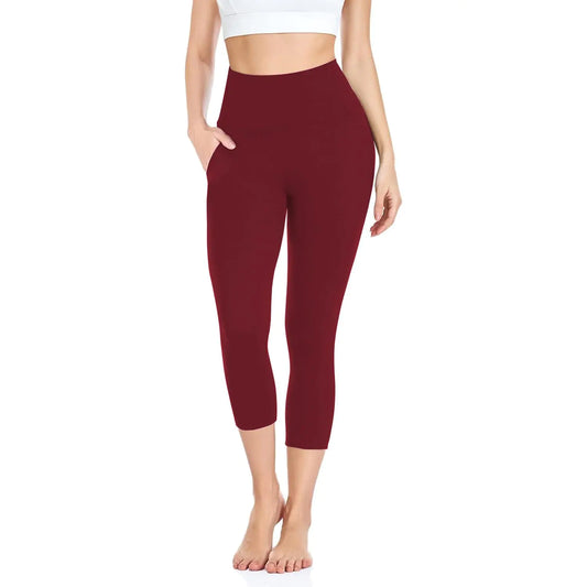 iaoja Capri Leggings for Women with Pockets - High Waisted Tummy Control No See Through Workout Soft Yoga Pants Wine Red - Q.B.Accessories