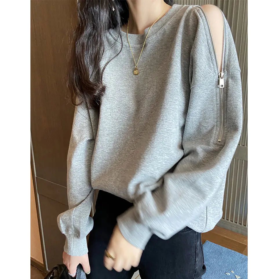 Chic Off - Shoulder Zip Sweater - Q.B.Accessories