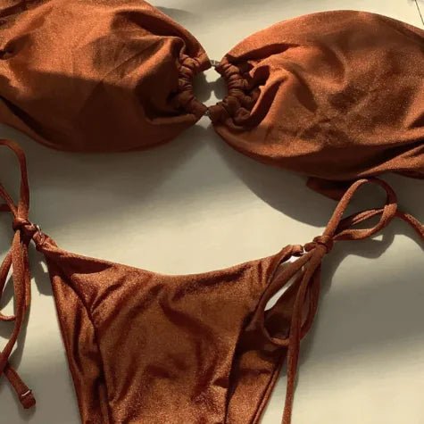 Satin Bronze Tie - Up Bikini Set - Q.B.Accessories
