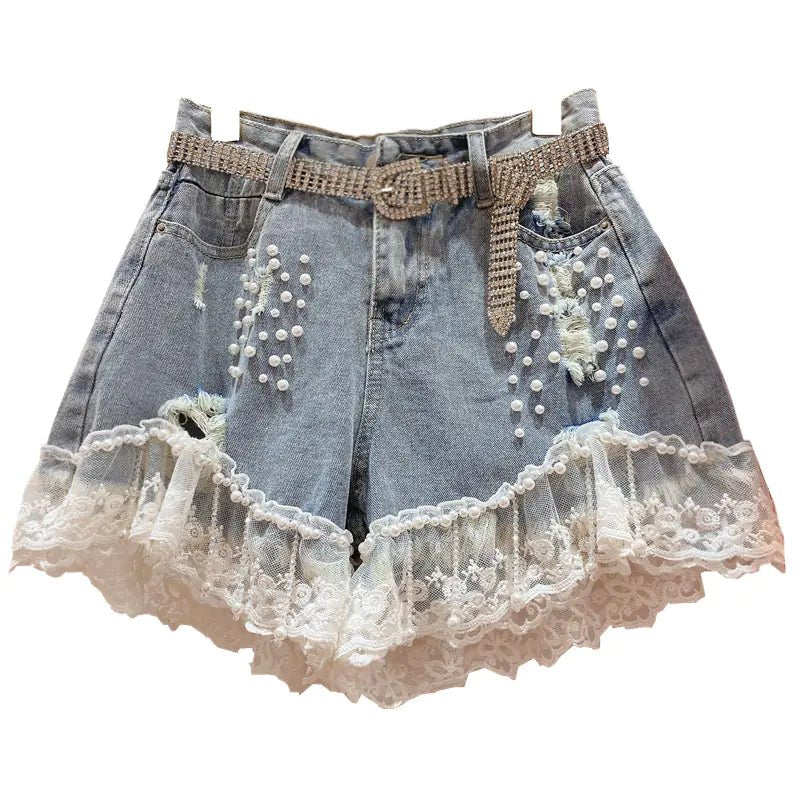 High - Waisted Diamond Korean Jeans Shorts - Q.B.Accessories