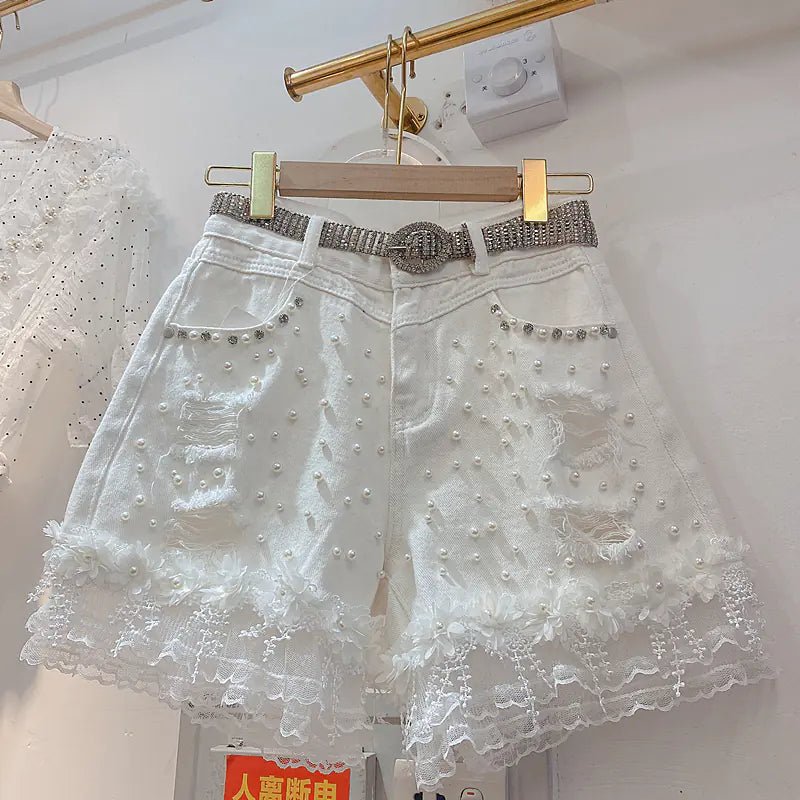 High - Waisted Diamond Korean Jeans Shorts - Q.B.Accessories